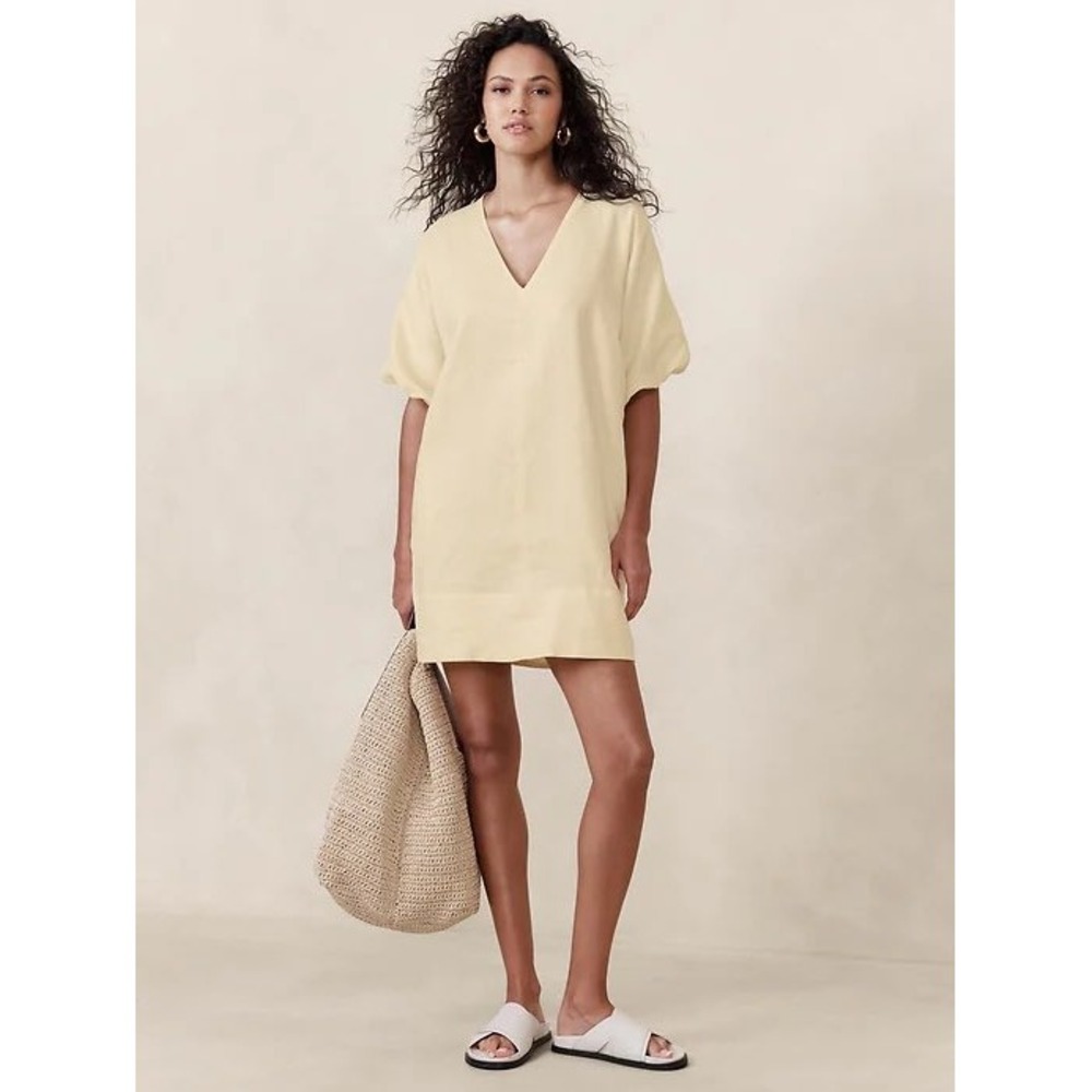 Banana Republic Livia Linen Mini Dress‎ S Butter Yellow V-Neck Puff Sleeve